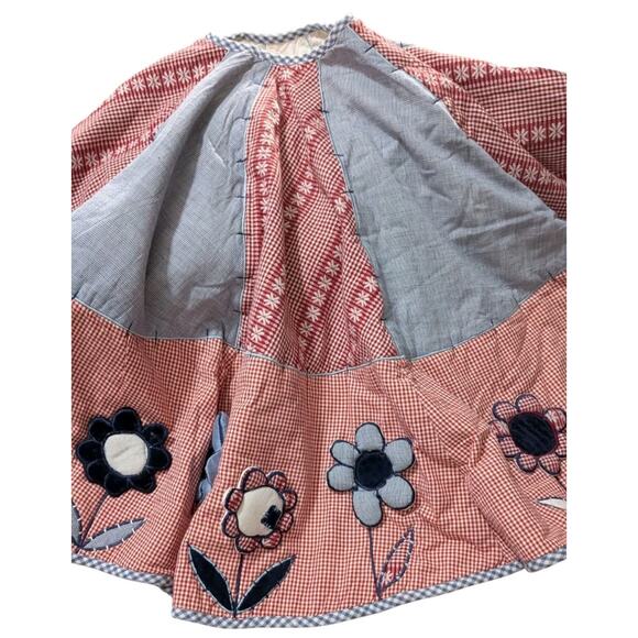 Vtg Quilted Patchwork Christmas Tree Skirt Red White Blue Gingham Country USA - Picture 2 of 11